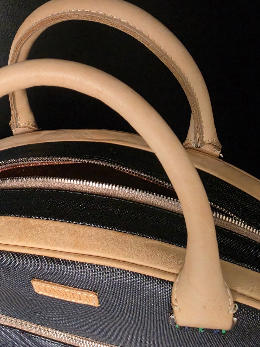 Consuela Black and Tan Structured Top-Handle Travel Bag